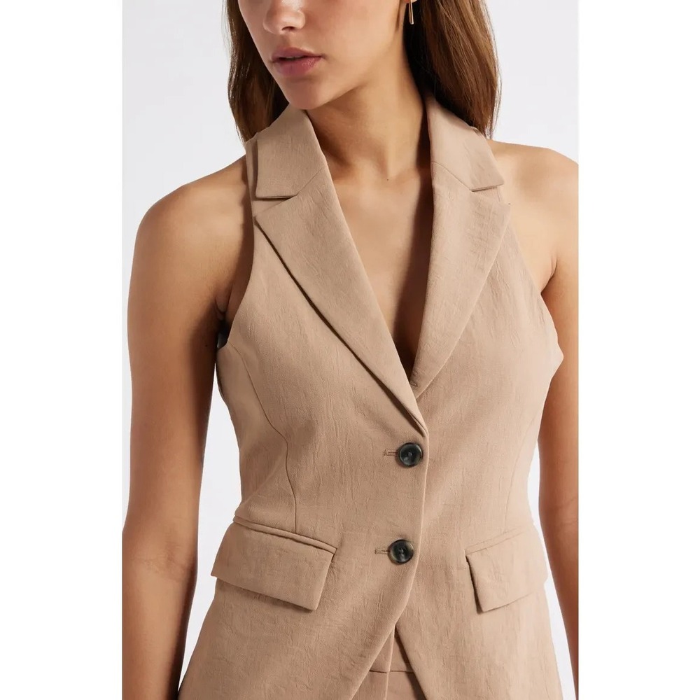 NWT Open Edit Women's Longline Blazer Vest XS Tan Portabella Sleeveless Tailored